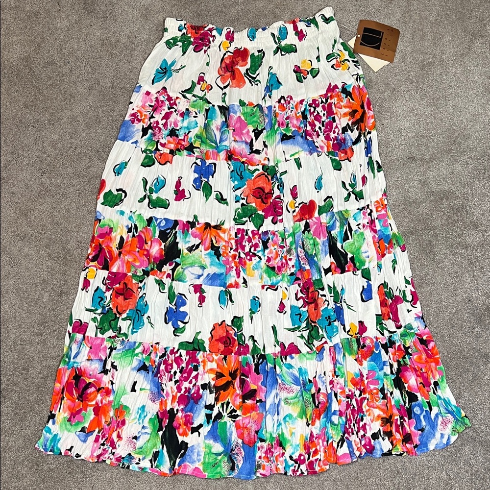 NWT Vintage Carol Little Colorful Floral Tiered Long Twirl Maxi Skirt Boho 14W